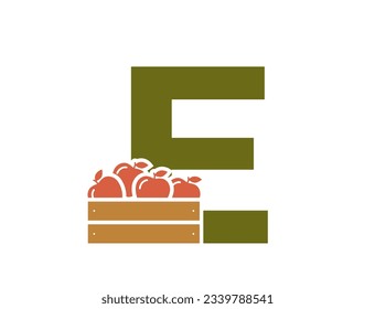 letter e with apple crate. fruit alphabet logotype symbol. harvest and gardening design. isolated vector image