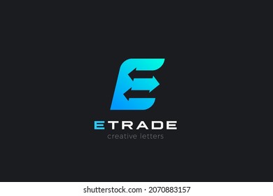Letter E Arrows Logo Design vector template Negative Space style. Logotype with arrow inside concept icon for Trading, Digital Data, Finance