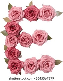 A letra 'E' é artisticamente trabalhada usando um arranjo encantador de rosas cor-de-rosa, suas pétalas delicadas formando a forma da carta contra um fundo branco imaculado.