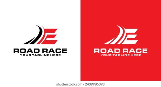 letra E y diseño del logotipo de la carretera del asfalto, logotipo de la carrera, para la automoción, carreras, deportes
