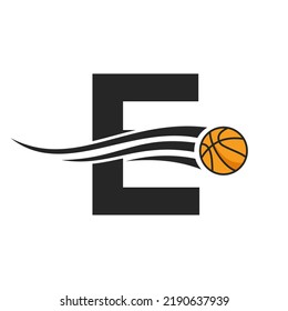 Letter E Basket Ball Logo Design For Basket Club Symbol Vector Template. Basketball Logo Element