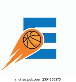 Letter E Basketball Logo Concept With Moving Basketball Icon. Basket Ball Logotype Symbol