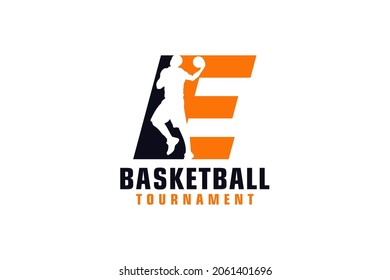 Letter E with Basketball Logo Design. Vector Design Template Elements for Sport Team or Corporate.