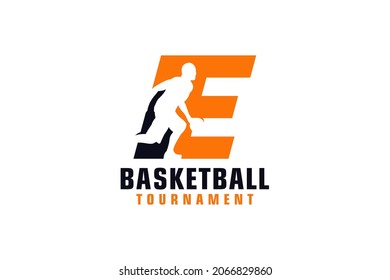 Letter E with Basketball Logo Design. Vector Design Template Elements for Sport Team or Corporate.