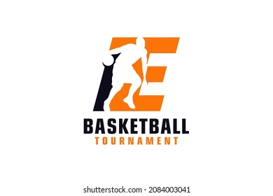 Letter E with Basketball Logo Design. Vector Design Template Elements for Sport Team or Corporate.