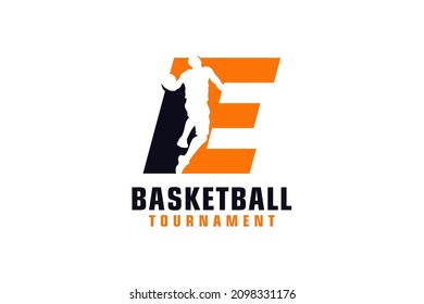 Letter E with Basketball Logo Design. Vector Design Template Elements for Sport Team or Corporate.