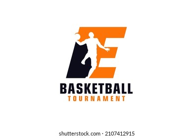 Letter E with Basketball Logo Design. Vector Design Template Elements for Sport Team or Corporate.