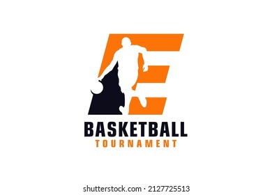 Letter E with Basketball Logo Design. Vector Design Template Elements for Sport Team or Corporate.