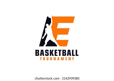 Letter E with Basketball Logo Design. Vector Design Template Elements for Sport Team or Corporate.