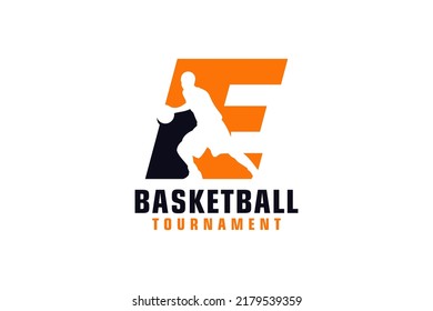 Letter E with Basketball Logo Design. Vector Design Template Elements for Sport Team or Corporate.