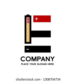 Letter E battery vector logo template. Alphabet graphic with current positive and negative symbol. Black, red and yellow color. This logo is suitable for electric, technology, power and energy supply.