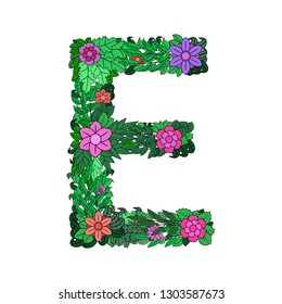 Letter E - beautiful monogram letter with flowers and green leaves. Cute icon, logotype for name initials. Vector illustration, isolated on white background