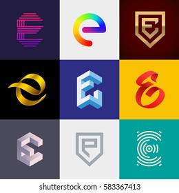 Letter "E" big logo pack. Isometric, minimal, line, colorful, ribbon, geometric, luxury vector monograms. Eps10 format.