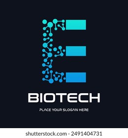 Letter E biotechnology vector logo template. This logo use molecule symbol. Suitable for biology and chemistry.