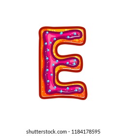 Letter E. Biscuit with glaze and confetti. Sweet donuts bakery font. Christmas cookies. Vector cartoon alphabet isolated on white background.  Hand drawn colored illustration. 