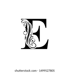 letter E. Black flower alphabet.  Beautiful capital letters.