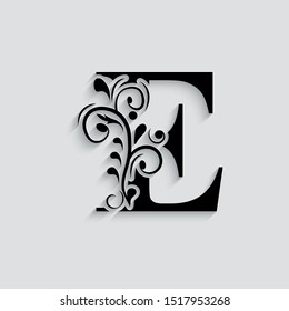letter E. Black flower alphabet.  Beautiful capital letters.
