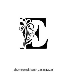 letter E. Black flower alphabet.  Beautiful capital letters.