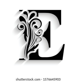 letter E. Black flower alphabet.  Beautiful capital letters with shadow