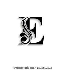 letter E. Black flower alphabet.  Beautiful capital letters with shadow