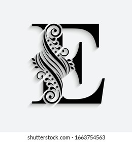 letter E. Black flower alphabet.  Beautiful capital letter with shadow