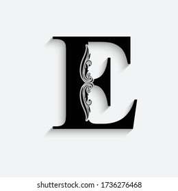 letter E. Black flower alphabet.  Beautiful capital letters with shadow