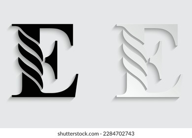 letter E. Black flower alphabet. Beautiful capital letters with shadow