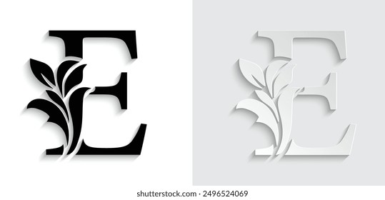 letter E Black flower alphabet. Beautiful capital letters with shadow