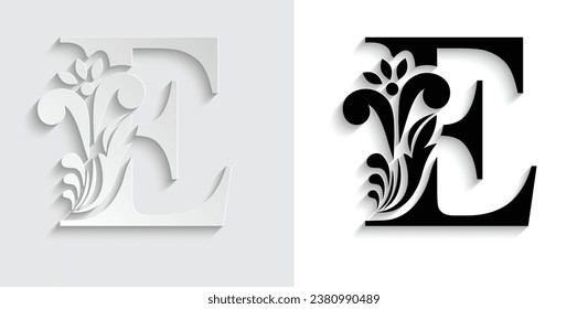 letter E Black and paper flower alphabet. Beautiful capital letters with shadow