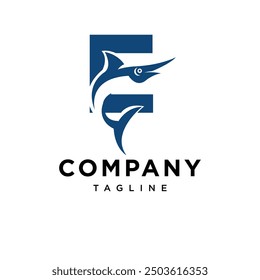 Letter E Blue Marlin Fish Logo Icon Vector