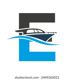 Letter E Boat Logo Concept For Sailboat, Shipping Symbol. Yacht Sign