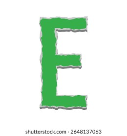 Letra E em um vetor de estilo de papel rasgado em negrito e colorido sobre fundo branco. EPS perfeito para cartazes, projetos infantis, educação, scrapbooking, notas de resgate e projetos de tipografia digital. Papel rasgado.