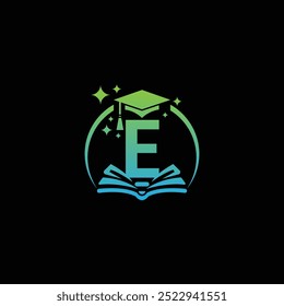 Letter E with book and Hat logo, Initial E educational logo design