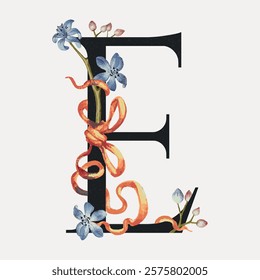 Letter E botanical calligraphic art alphabet, vintage vector element. Floral botanical lettering typography vector element. Vintage floral letter art drawing illustration, old painting art print.