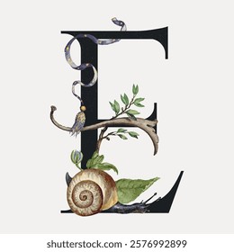 Letter E botanical calligraphic art alphabet, vintage vector element. Floral botanical lettering typography vector element. Vintage floral letter art drawing illustration, old painting art print.