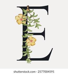 Letter E botanical calligraphic art alphabet, vintage vector element. Floral botanical lettering typography vector element. Vintage floral letter art drawing illustration, old painting art print.