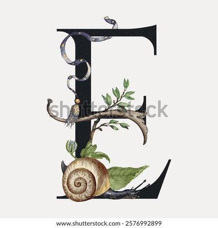 Letter E botanical calligraphic art alphabet, vintage vector element. Floral botanical lettering typography vector element. Vintage floral letter art drawing illustration, old painting art print.