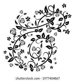 Letter E with botanical elements. Monogram arrangement. Vector floral letter design. Letter with Flowers and Branches. Composition for card, invitation, save the date, logo, business style.