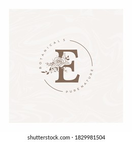 Letter E Botanical Flowers . Initial Wedding Monogram Font Logo. Circle Floral Rose Logo