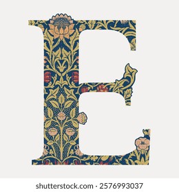 Letter E botanical pattern font, inspired by William Morris illustration isolated on white, vector. Vintage illustration. Vintage font artwork element by William Morris, old art illustration vector.