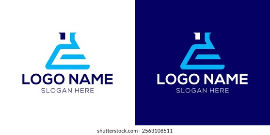 Letter E Bottle Lab Science Logo Design Vector Icon Illustration Graphic Emblem.