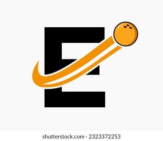 Logo de la letra E Bowling. Símbolo de boliche con icono de bola móvil