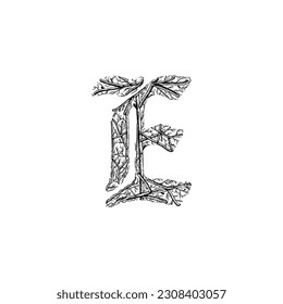 letter E branches hand drawing vector isolated on white background.