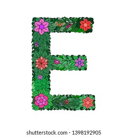 The letter E -  bright element of the colorful floral alphabet on a white background. Made from flowers, twigs and leaves. Floral spring ABC element in vector.