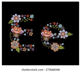 The letter E. Bright floral element of colorful alphabet Owl, flowers, and twigs. floral ABC element in vector