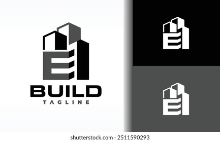 letra E logotipo de construção de arranha-céu