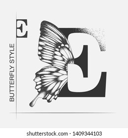 Letter E with butterfly silhouette. Monarch wing butterfly logo template isolated on white background. Calligraphic hand drawn lettering design. Alphabet concept. Monogram vector illustration. EPS 10