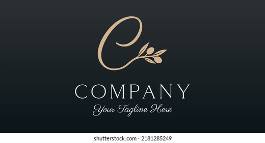 letter E or C combined twig Olive oil logo design template.