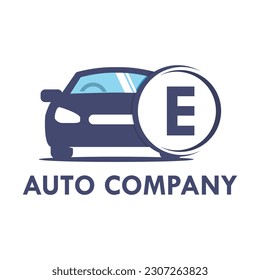 Letra E con ilustración de plantilla de coche. Fuentes para eventos, promoción, logotipo y afiche. Símbolo de etiqueta de alfabeto para marca e identidad.
