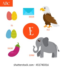 Letter E. Cartoon alphabet for children. Egg, eggplant, elephant, eagle, envelope. Vector illustration